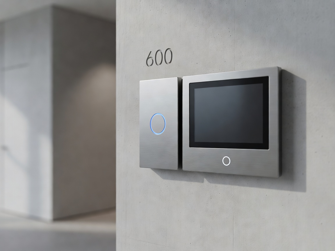 Close-up of a modern card reader and digital intercom at an apartment entrance