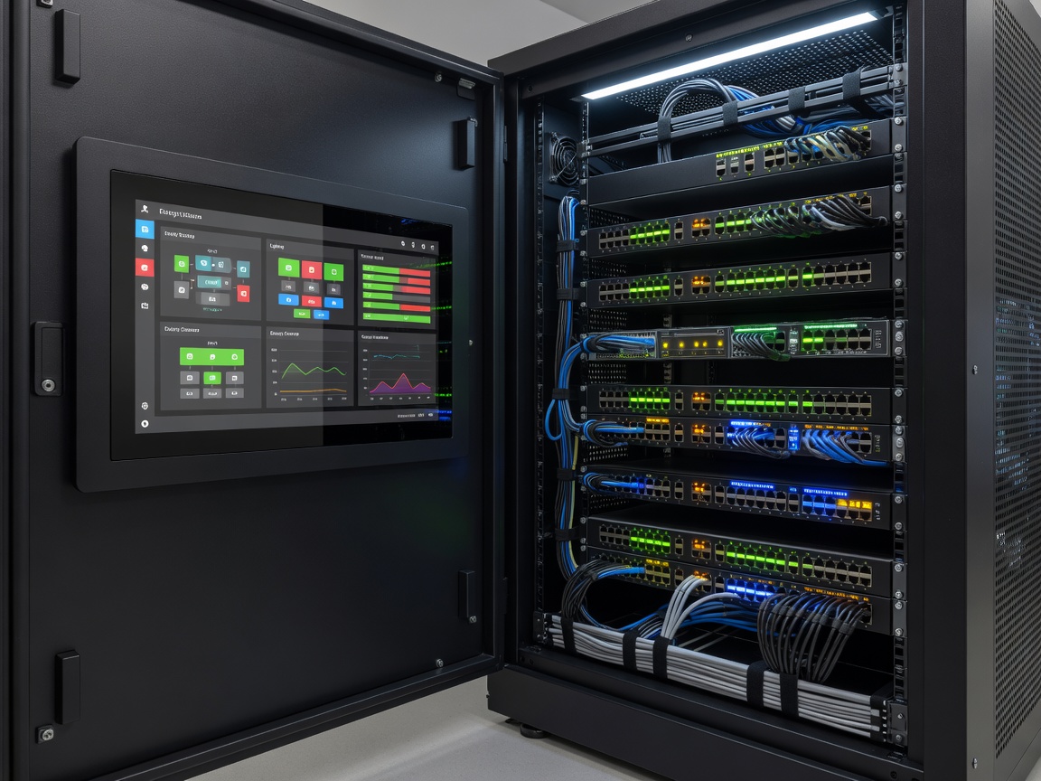 Detailed view of a modern Building Automation System dashboard and network switches in a utility cabinet