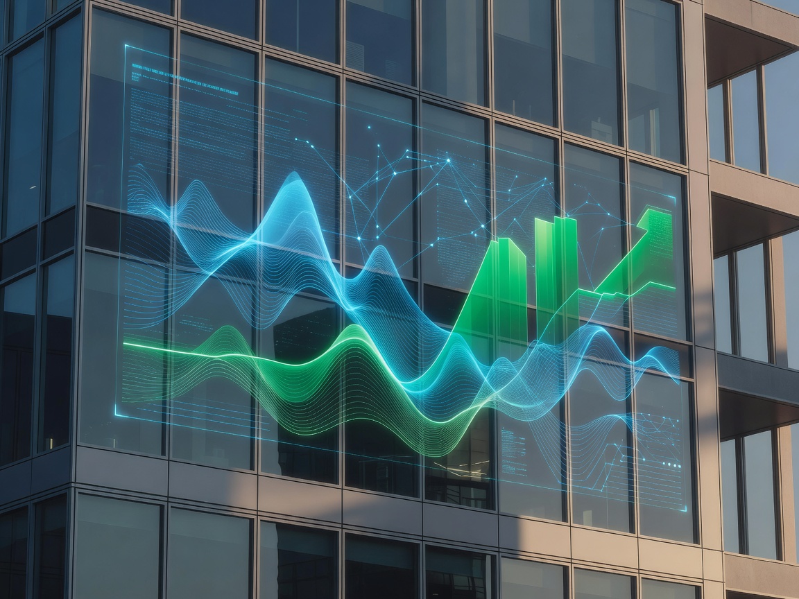 Digital energy dashboard overlaid against a modern building facade