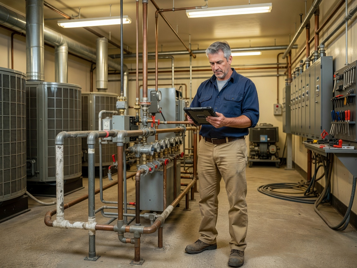Facility manager reviewing digital work orders on a tablet in a well-lit mechanical room