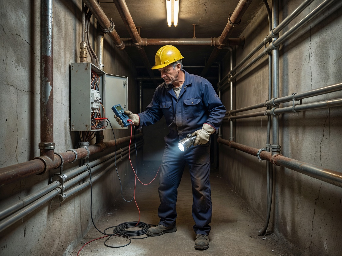 Maintenance technician inspecting electrical and plumbing systems in a utility corridor