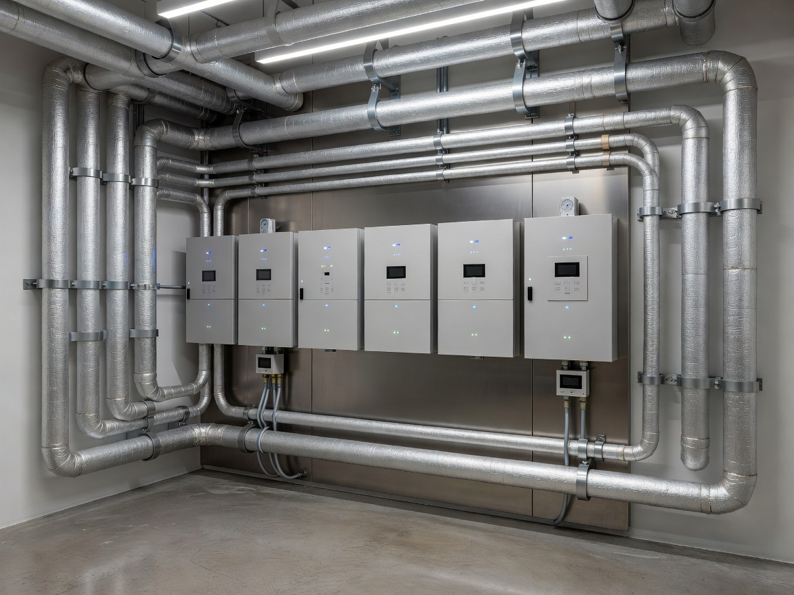 Mechanical room showing modern HVAC control panels and insulated routing lines
