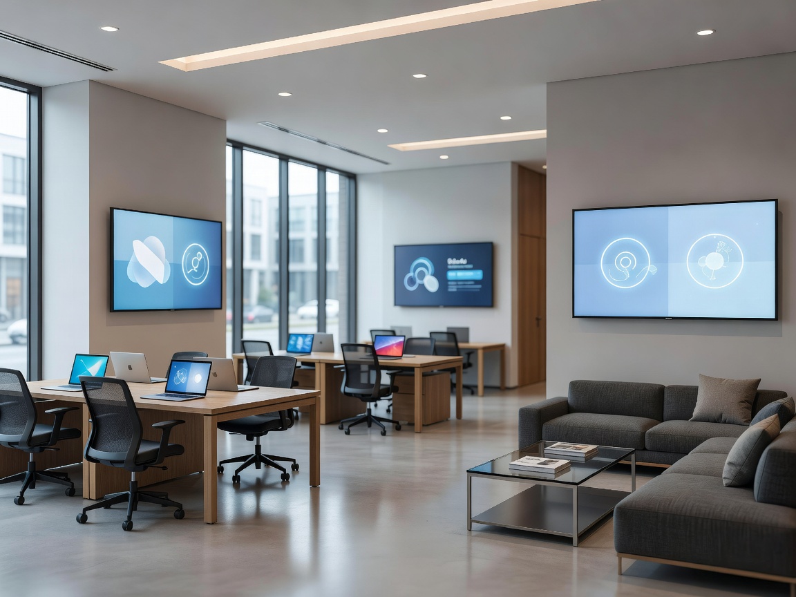 Modern apartment lobby featuring shared workspace and digital announcement screens