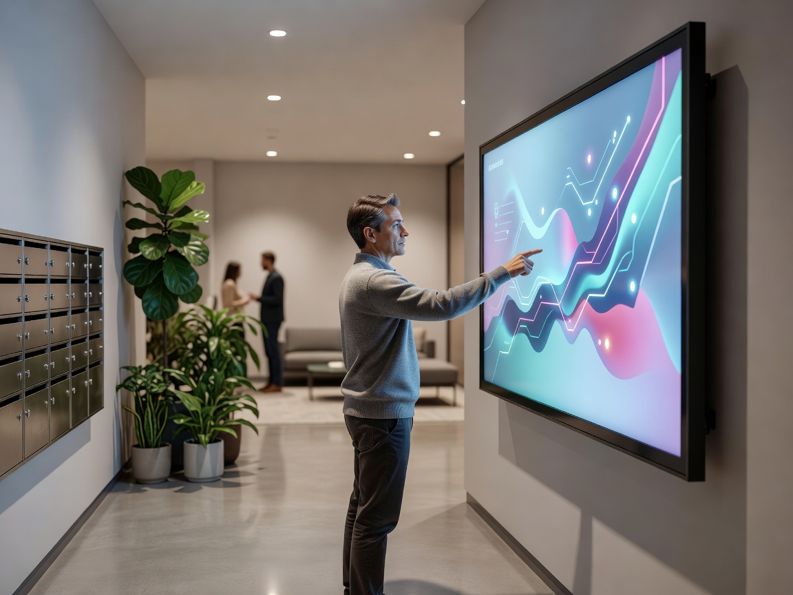 Resident interacting with a digital notice board in an apartment lobby