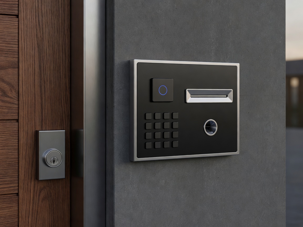 Secure electronic access control panel at a residential building entry point